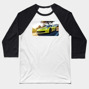 C7 Corvette Yellow Cartoon Drawing Action Print Baseball T-Shirt